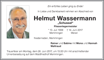 Traueranzeige von Helmut Wassermann von Memminger Zeitung