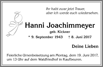 Traueranzeige von Hanni Joachimmeyer von Allgäuer Zeitung, Kaufbeuren/Buchloe