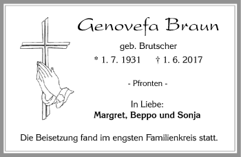 Traueranzeige von Genovefa Braun von Allgäuer Zeitung, Füssen