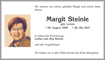 Traueranzeige von Margit Steinle von Allgäuer Zeitung, Kaufbeuren/Buchloe