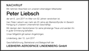 Traueranzeige von Peter Liebsch von Der Westallgäuer