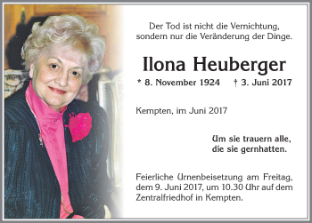 Traueranzeige von Ilona Heuberger von Allgäuer Zeitung,Kempten