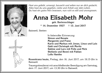 Traueranzeige von Anna Elisabeth Mohr von Allgäuer Zeitung, Kaufbeuren/Buchloe