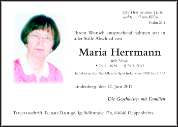 Traueranzeige von Maria Herrmann von Der Westallgäuer