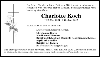 Traueranzeige von Charlotte Koch von Allgäuer Anzeigeblatt