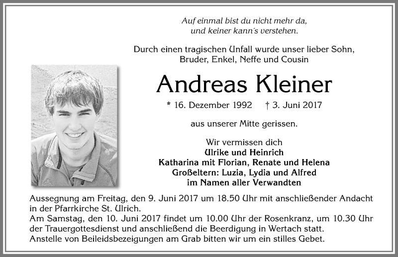 Traueranzeige für Andreas Kleiner vom 08.06.2017 aus Allgäuer Zeitung