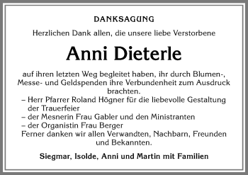 Traueranzeige von Anni Dieterle von Allgäuer Zeitung,Kempten