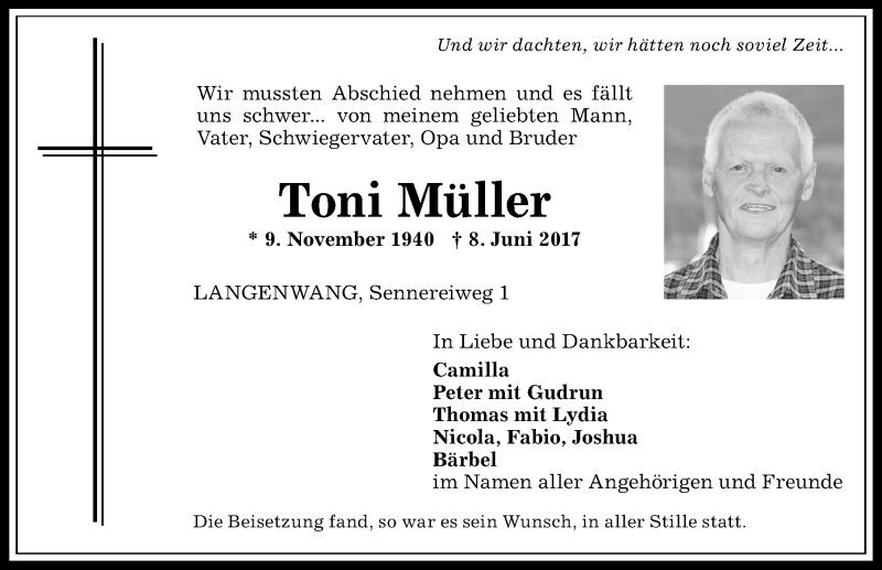  Traueranzeige für Toni Müller vom 23.06.2017 aus Allgäuer Anzeigeblatt