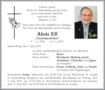 Traueranzeige von Alois Eß von Der Westallgäuer