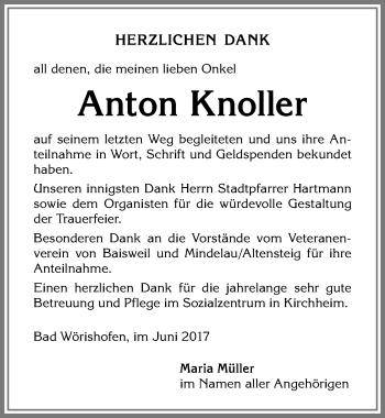 Traueranzeige von Anton Knoller von Allgäuer Zeitung