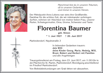 Traueranzeige von Florentina Baumer von Allgäuer Zeitung, Marktoberdorf
