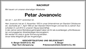 Traueranzeige von Petar Jovanovic von Memminger Zeitung