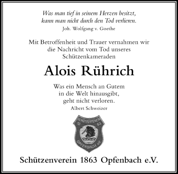 Traueranzeige von Alois Rührich von Der Westallgäuer