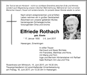 Traueranzeige von Elfriede Rothach von Memminger Zeitung
