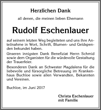 Traueranzeige von Rudolf Eschenlauer von Allgäuer Zeitung, Kaufbeuren/Buchloe