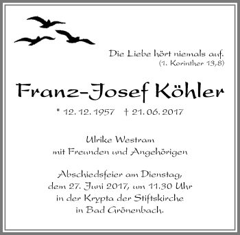 Traueranzeige von Franz-Josef Köhler von Memminger Zeitung