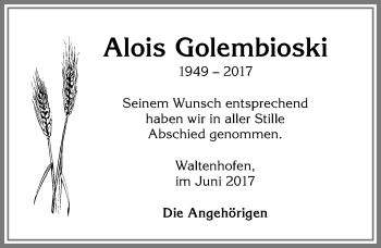 Traueranzeige von Alois Golembioski von Allgäuer Zeitung,Kempten