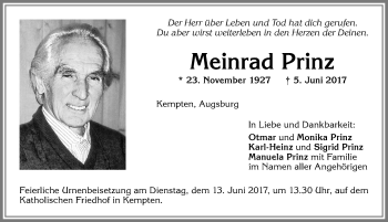 Traueranzeige von Meinrad Prinz von Allgäuer Zeitung,Kempten
