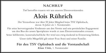 Traueranzeige von Alois Rührich von Der Westallgäuer