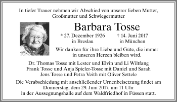 Traueranzeige von Barbara Tosse von Allgäuer Zeitung, Füssen