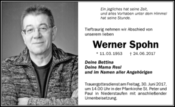 Traueranzeige von Werner Spohn von Der Westallgäuer