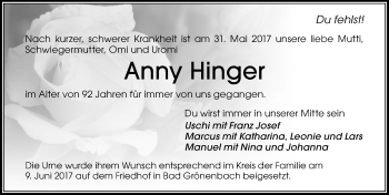 Traueranzeige von Anny Hinger von Memminger Zeitung