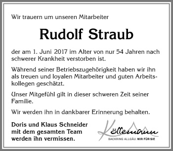 Traueranzeige von Rudolf Straub von Allgäuer Zeitung,Kempten
