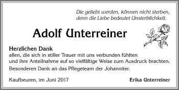 Traueranzeige von Adolf Unterreiner von Allgäuer Zeitung, Kaufbeuren/Buchloe
