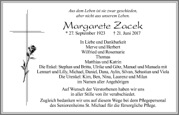 Traueranzeige von Margarete Zacek von Allgäuer Zeitung, Füssen