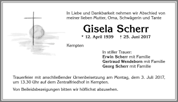 Traueranzeige von Gisela Scherr von Allgäuer Zeitung,Kempten