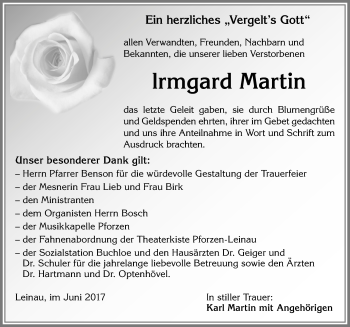 Traueranzeige von lrmgard Martin von Allgäuer Zeitung, Kaufbeuren/Buchloe