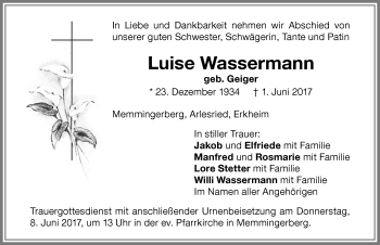 Traueranzeige von Luise Wassermann von Memminger Zeitung
