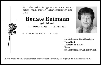 Traueranzeige von Renate Reimann von Allgäuer Anzeigeblatt