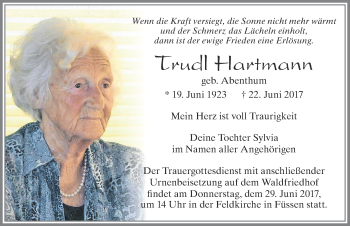 Traueranzeige von Trudl Hartmann von Allgäuer Zeitung, Füssen