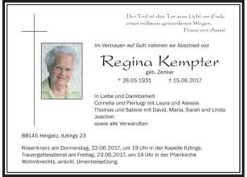 Traueranzeige von Regina Kempter von Der Westallgäuer