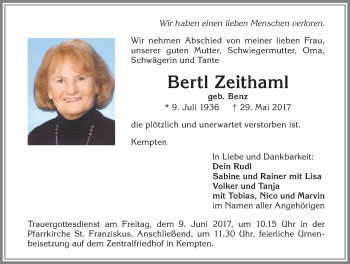 Traueranzeige von Bertl Zeithaml von Allgäuer Zeitung,Kempten