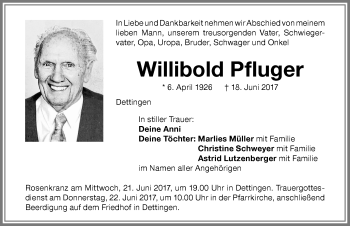 Traueranzeige von Willibold Pfluger von Memminger Zeitung