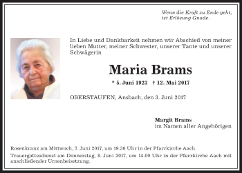 Traueranzeige von Maria Brams von Allgäuer Anzeigeblatt