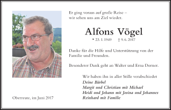 Traueranzeige von Alfons Vögel von Der Westallgäuer