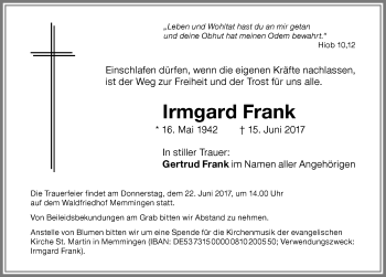 Traueranzeige von Irmgard Frank von Memminger Zeitung