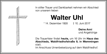 Traueranzeige von Walter Uhl von Memminger Zeitung