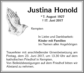 Traueranzeige von Justina Honold von Allgäuer Zeitung,Kempten