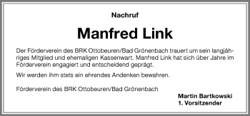 Traueranzeige von Manfred Link von Memminger Zeitung