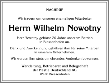 Traueranzeige von Wilhelm Nowotny von Allgäuer Zeitung