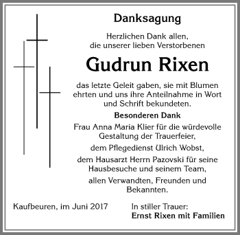 Traueranzeige von Gudrun Rixen von Allgäuer Zeitung, Kaufbeuren/Buchloe