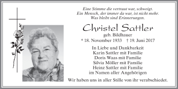 Traueranzeige von Christel Sattler von Allgäuer Zeitung, Füssen