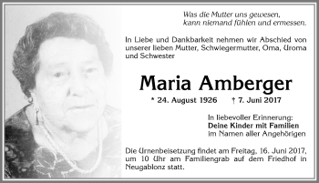 Traueranzeige von Maria Amberger von Allgäuer Zeitung, Kaufbeuren/Buchloe