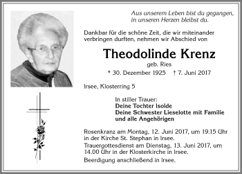 Traueranzeige von Theodolinde Krenz von Allgäuer Zeitung, Kaufbeuren/Buchloe