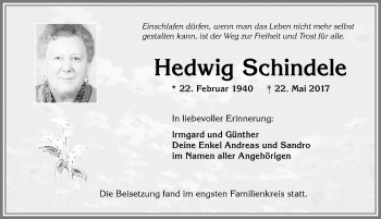 Traueranzeige von Hedwig Schindele von Allgäuer Zeitung