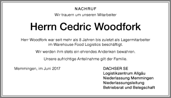 Traueranzeige von Cedric Woodfork von Memminger Zeitung